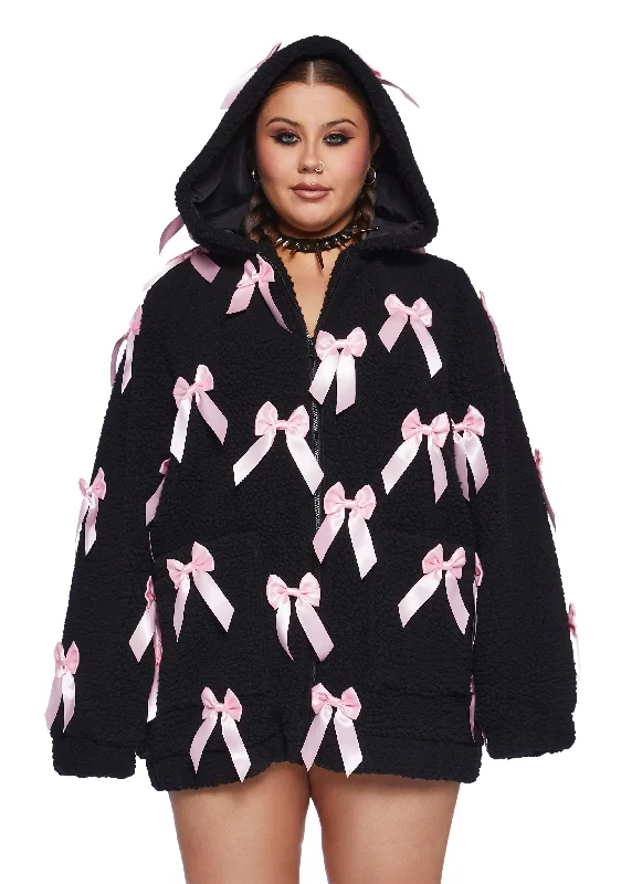 Floral Style Plus Size Pinky Promise Sherpa Jacket - Black