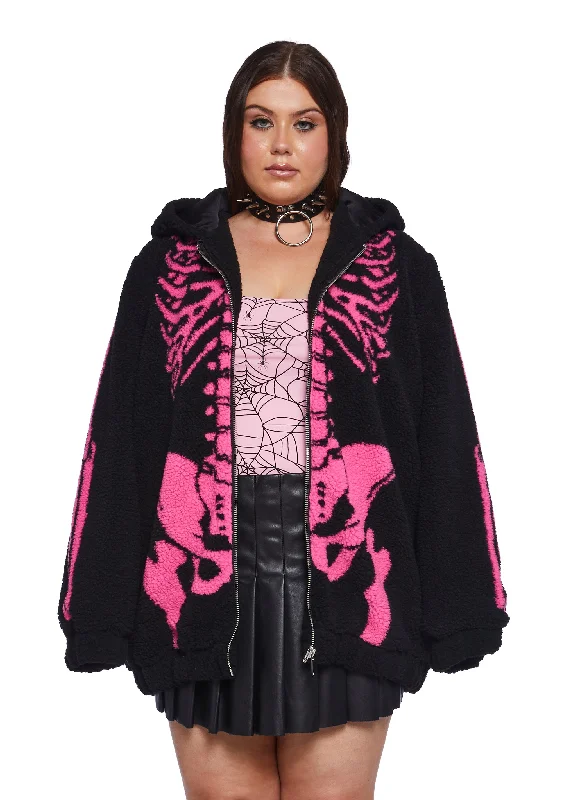 Everyday Wear Plus Baring It All Skeleton Hooded Sherpa Jacket - Pink