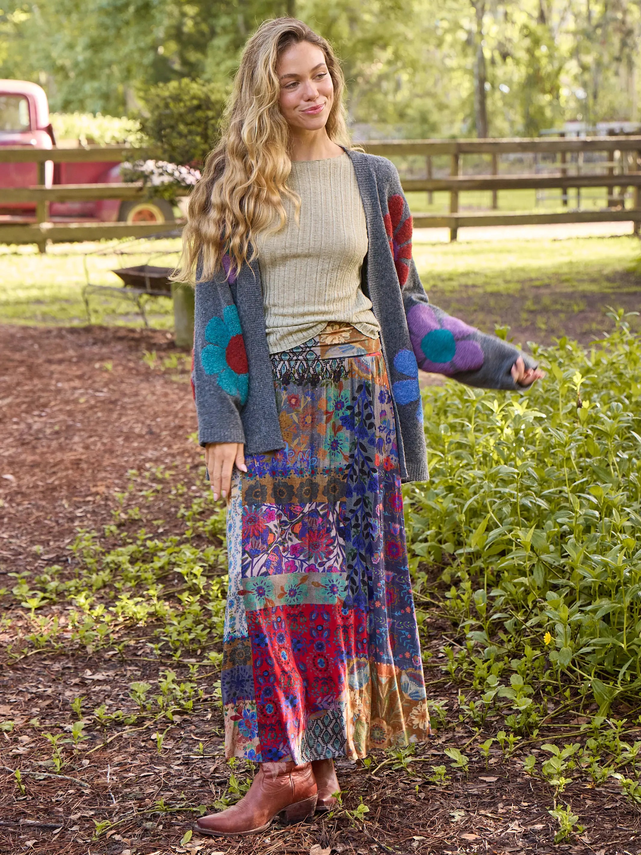 New Season Fashion Preview Live-In-It Knit Maxi Skirt - Blue Patchwork