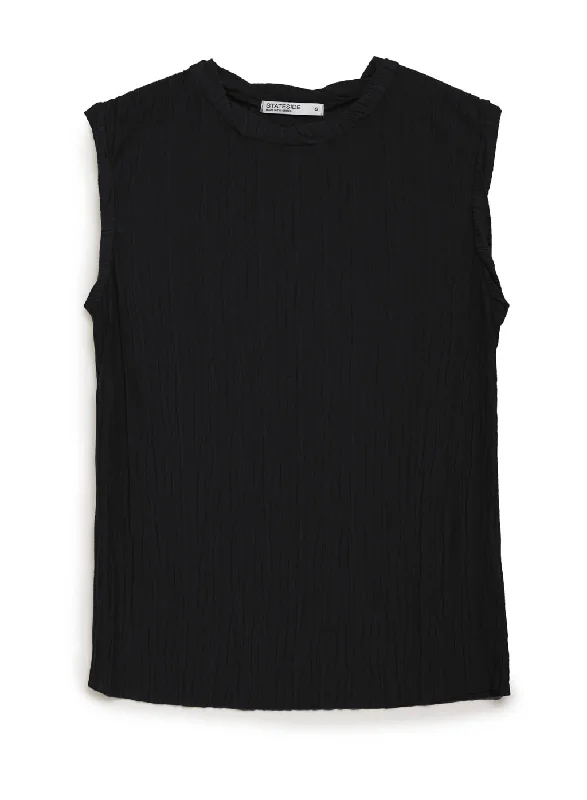 Feminine Soft - Hued Styles Knit Plisse Short Sleeve Top in Black