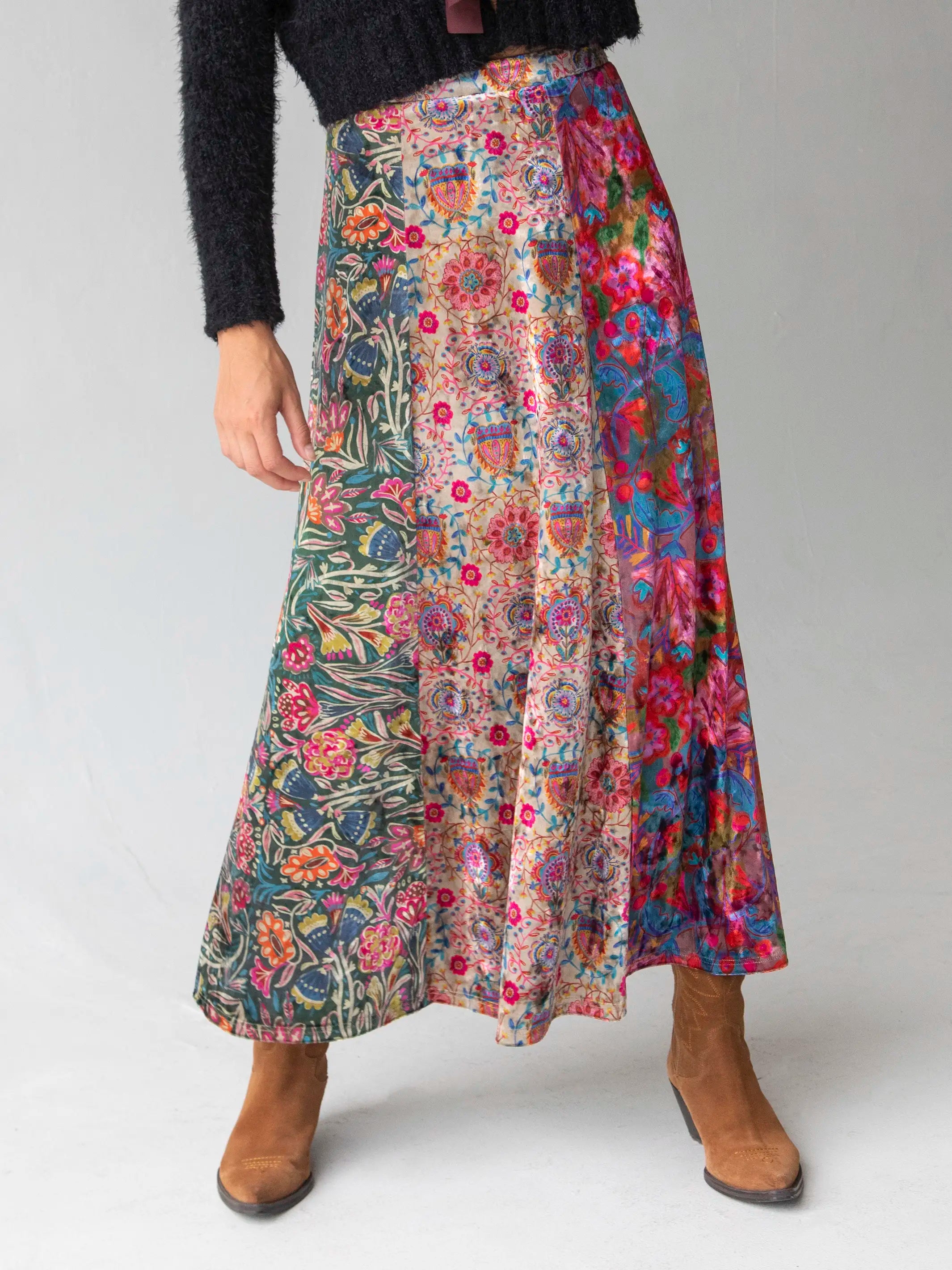 Style Versatile Women's Collection Valentina Velvet Maxi Skirt - Green Cream Red Mixed Floral