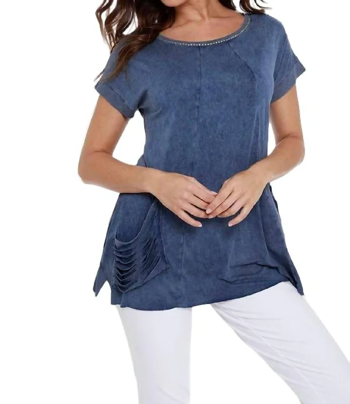 Casual Chic Beaded Short Sleeve Tunic In Denim