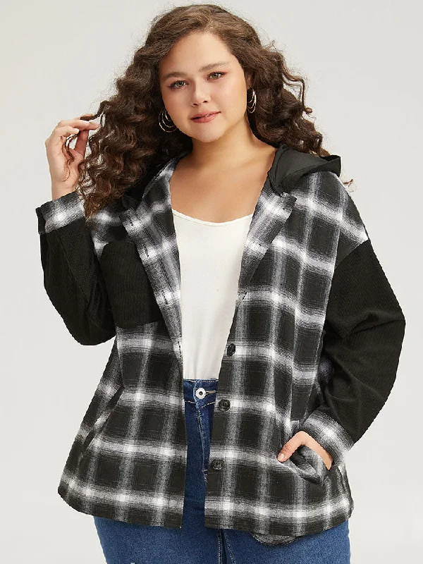 Unbeatable Prices Plaid Hooded Patched Pocket Button Up Patchwork Coat