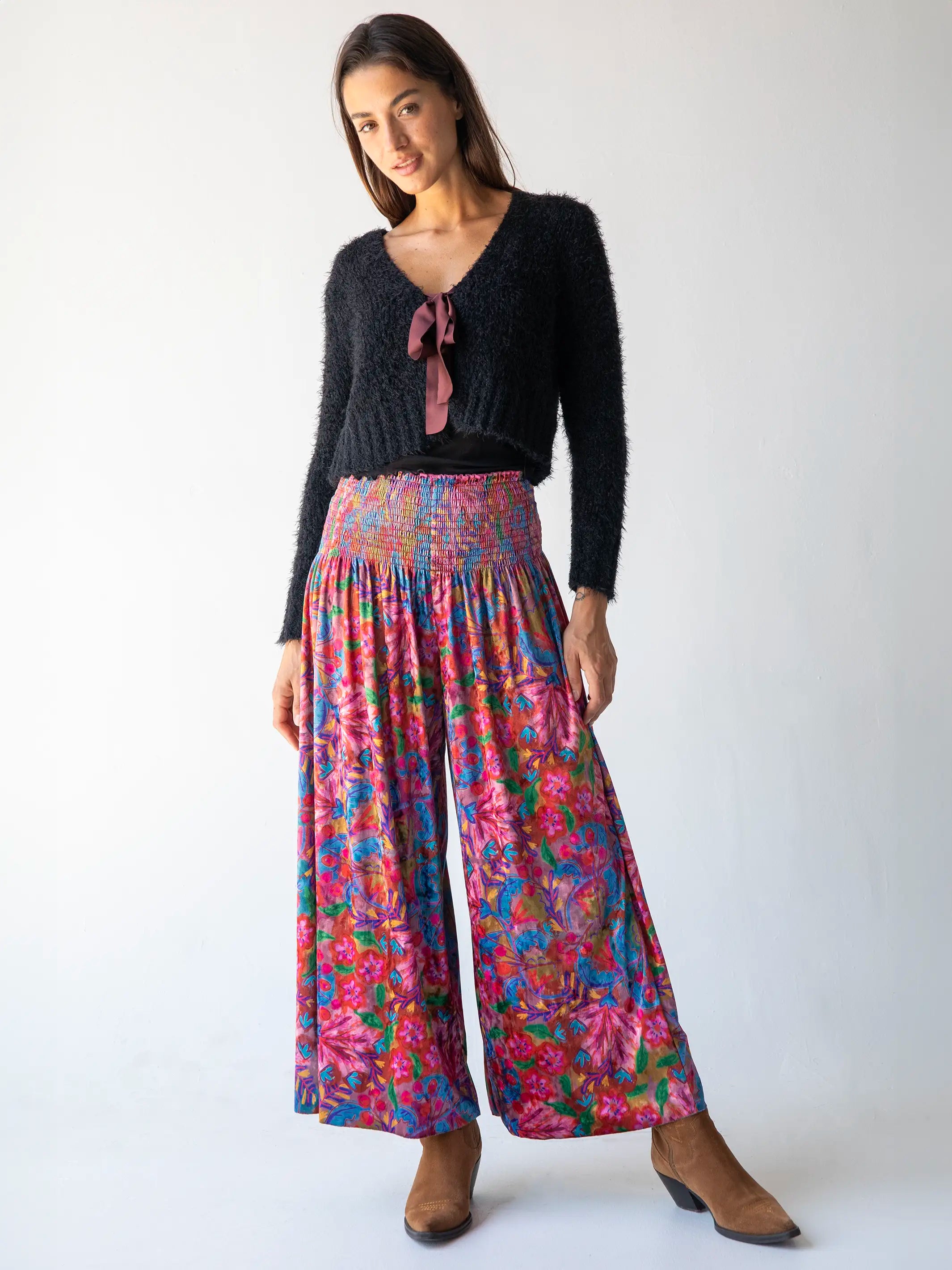 Crazy Discounts, Hurry Up Make A Move Velvet Palazzo Pant - Pink Red Folk Floral