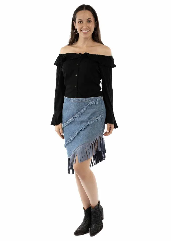 Trendy Clothing Sale Scully Womens Asymmetrical Fringe Bottom Blue 100% Cotton Skirt