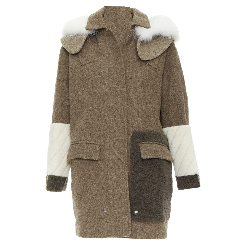 Current Trends Fendi colorblocked brown wool patchwork fur hooded parka coat