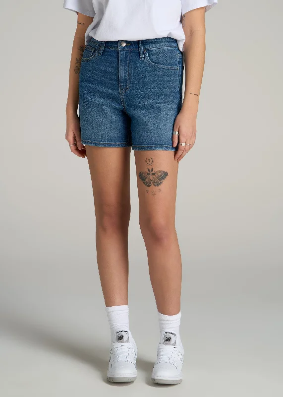 Casual Fashion High Rise Denim Shorts for Tall Women in Classic Mid Blue