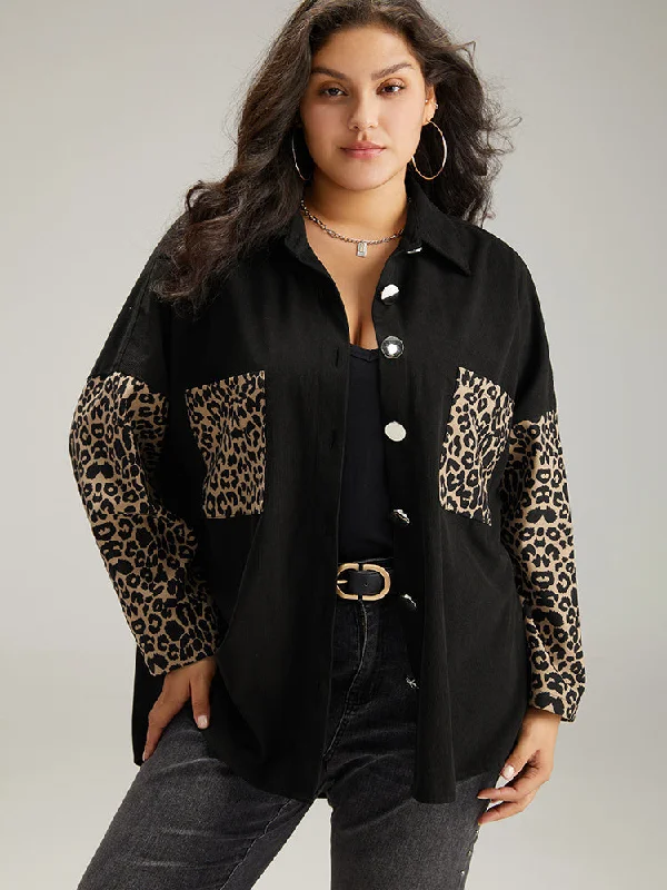 Elevate Your Wardrobe Leopard Patchwork Contrast Pocket Button Up Shacket