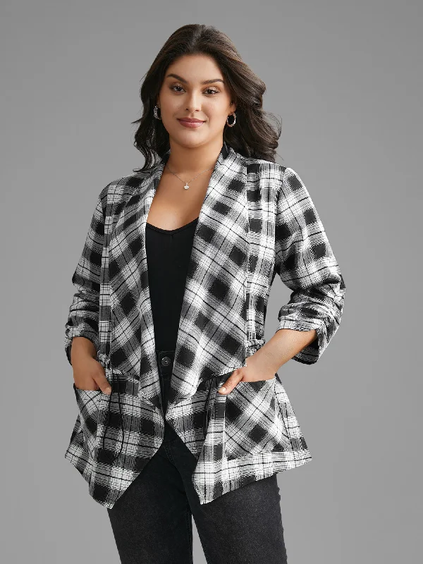 Chic Style Plaid Drawstring Patched Pocket Coat