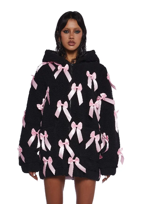 Romantic Flair Pinky Promise Hooded Sherpa Jacket - Black