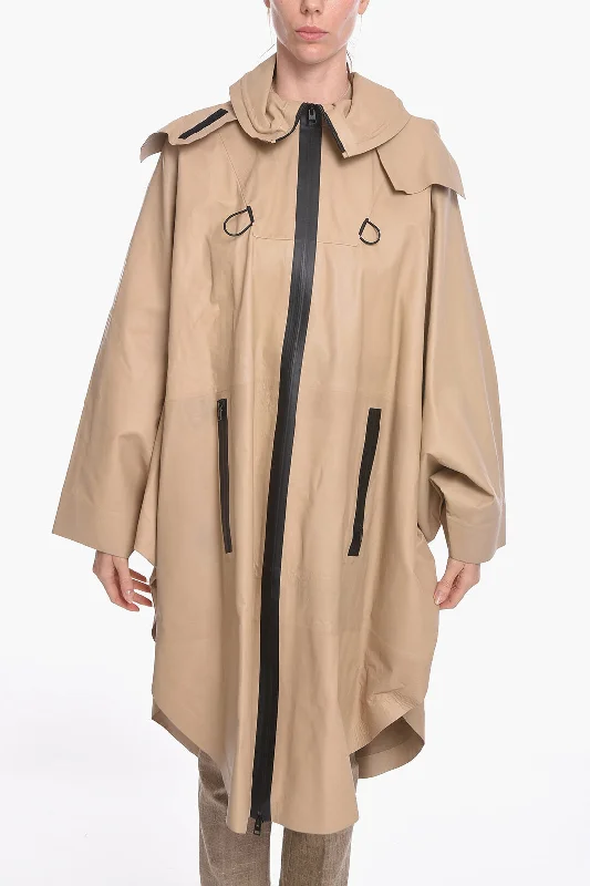 Minimalist Elegant Bottega Veneta Bat-wing Sleevd Leather Raincoat