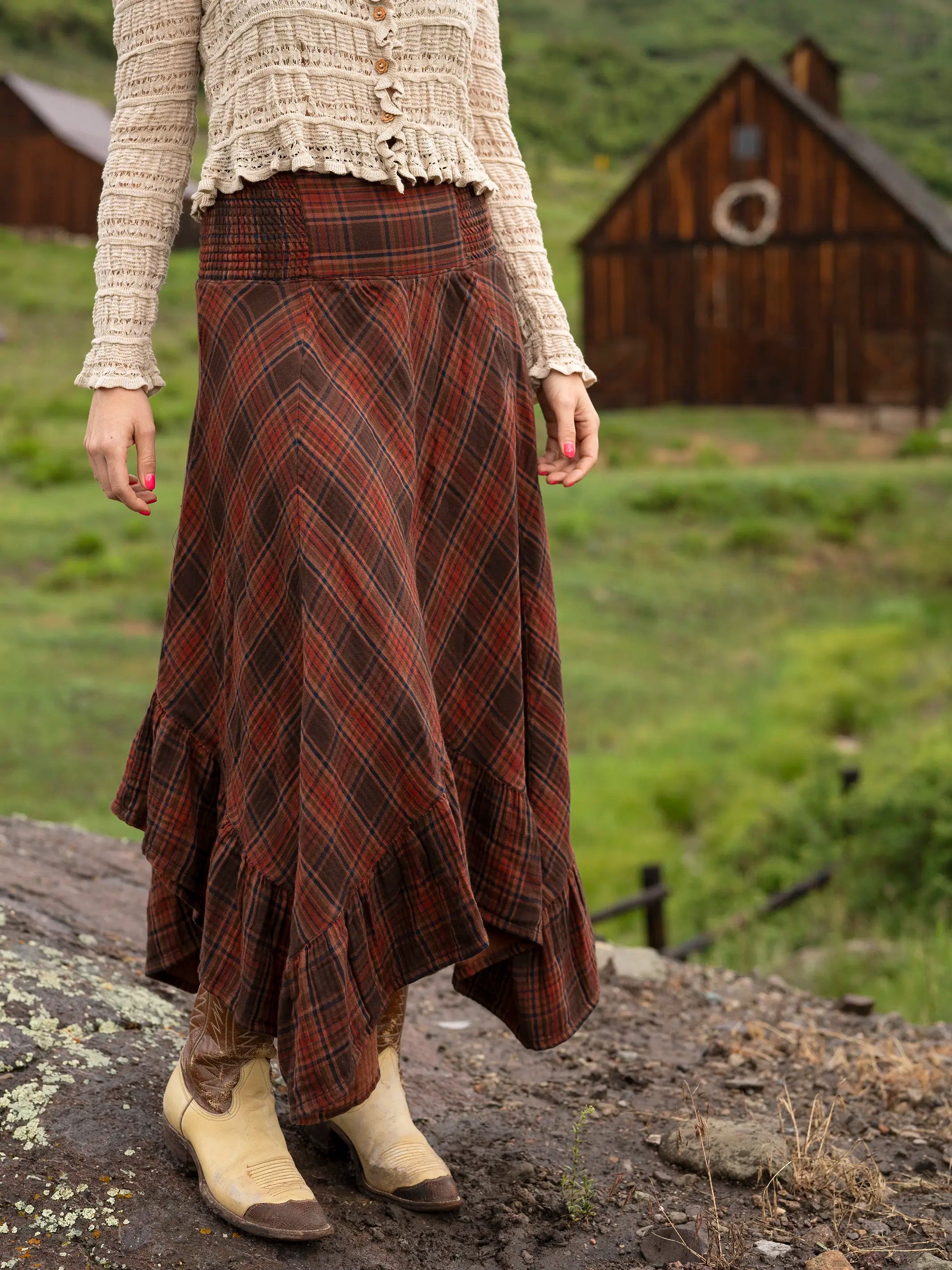 Chic And Edgy Feelin' Alive Convertible Cotton Midi Skirt - Brown Rust Plaid