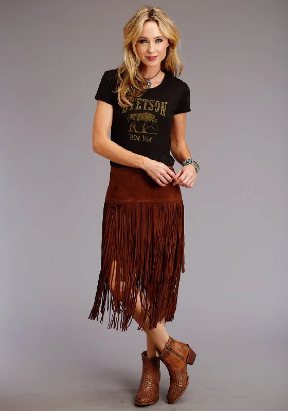 Feminine Soft - Hued Styles Stetson Womens Long Fringe Brown Leather Skirt