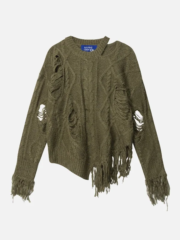 Timeless Elegance Redefined Distressed Fringe Sweater