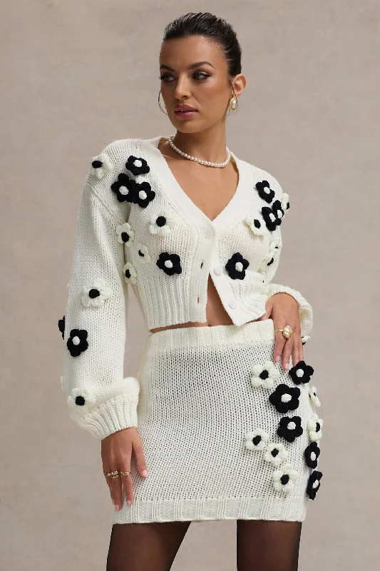 Boutique Styles Louvre | Cream & Black Knit Cropped Floral Cardigan