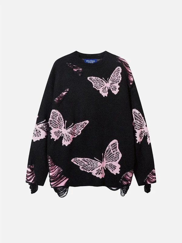 Relaxed Style Aelfric Eden Butterfly Jacquard Distressed Sweater