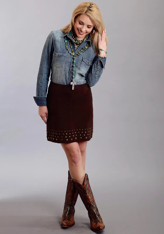 Feminine Elegant Stetson Ladies Brown Leather Nailheads Suede Lamb Skirt