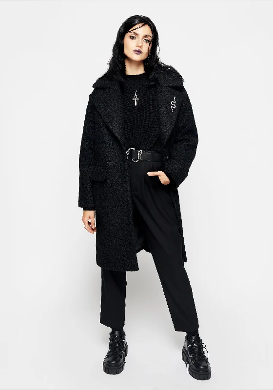 Eclectic Style Wardrobe Gorgon Bouclé Oversized Coat with Snake Brooch - Black