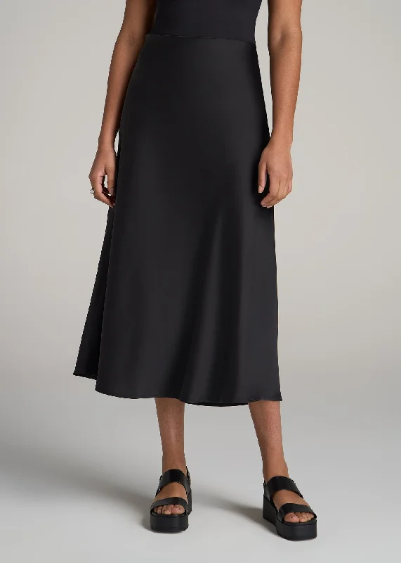 Season Sale Pull-On Satin Midi Skirt for Tall Women in Black