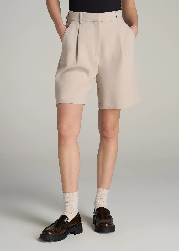 Wardrobe Upgrade Pleated Tailored Shorts for Tall Women in Light Taupe