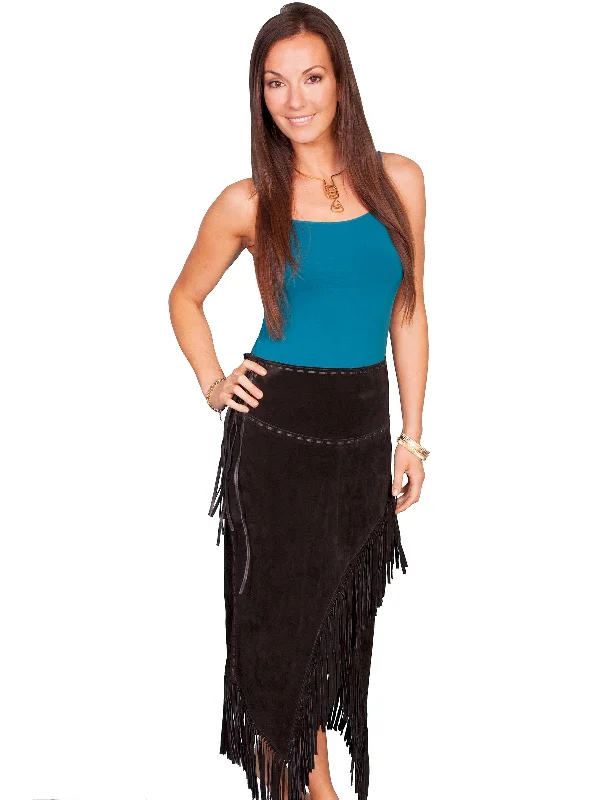 Premium Style Scully Leather Womens Long Boar Suede Tie Side Fringe Skirt Black