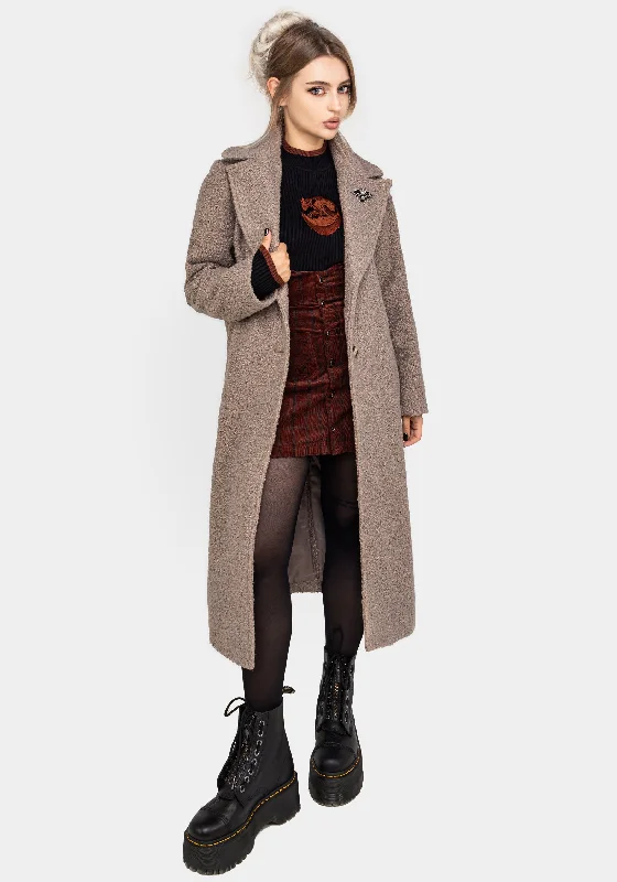 Sophisticated Fashion Gorgon Bouclé Longline Oversized Coat with Bee Brooch - Taupe