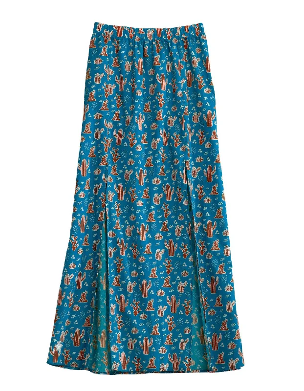 Floral Style Tin Haul Womens Blue 100% Cotton Cacti Print Maxi Skirt