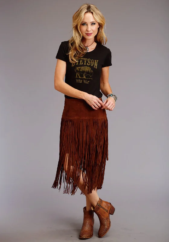 Art Deco Geometric Pattern Look Stetson Womens Brown Leather Lamb Suede Fringe Skirt