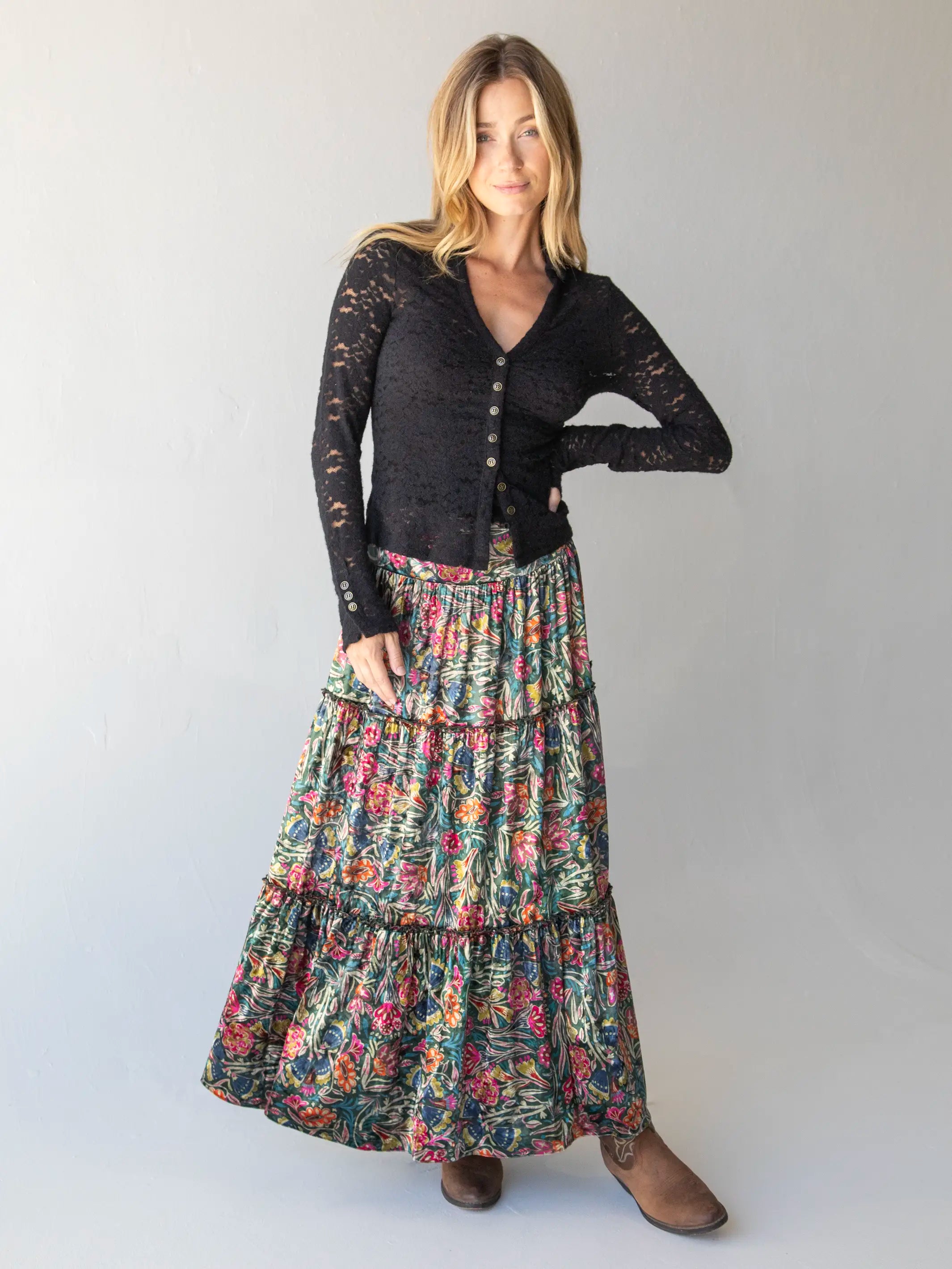 Huge Discounts This Week Karlie Tiered Velvet Maxi Skirt - Green Lined Floral