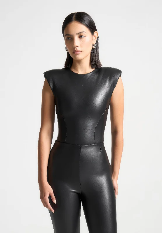 Season Appropriate Women's Collection Wide Shoulder Leather Bodysuit - Black