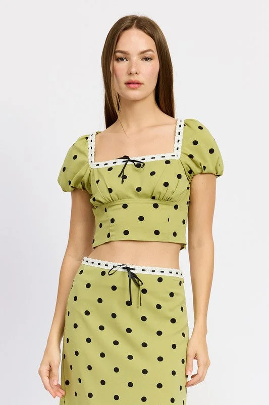 Limited Styles Hot Girl Trad Wife Lace Trim Polka Dot Cropped Short Sleeve Top In Olive