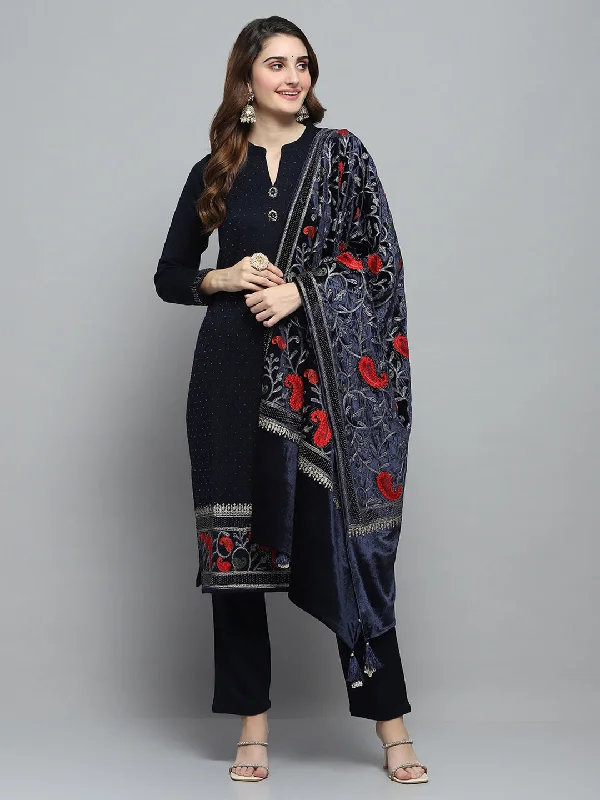 Season Sale Women Navy Blue Self Design Round Neck Full Sleeve Kurti Set & Stole