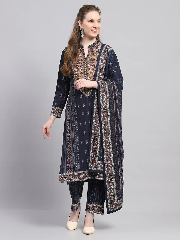 Trendy Threads Women Navy Blue Printed Round Neck Full Sleeve Kurti Set with Stole