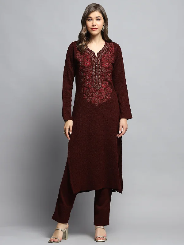 Exclusive Deals Online Women Maroon Self Design Round Neck Full Sleeve Kurti Set