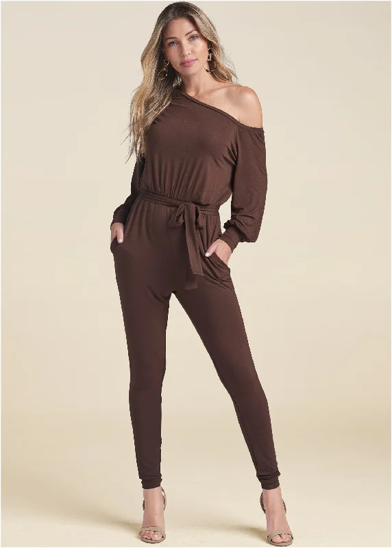 Trend Driven Wardrobe Off-Shoulder Jumpsuit - Dark Brown