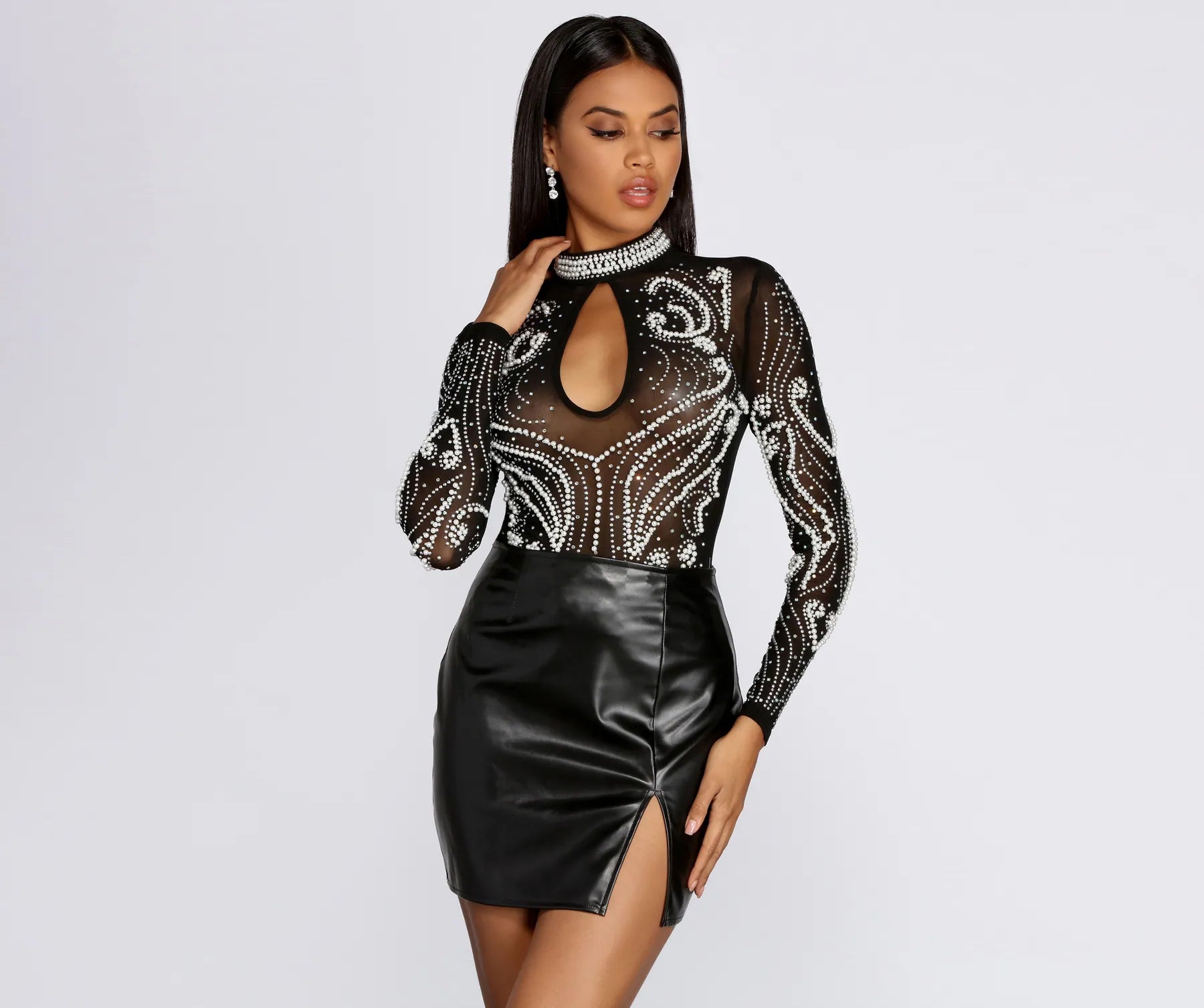 Casual Chic Clothing Pearls On Pearls Sheer Bodysuit