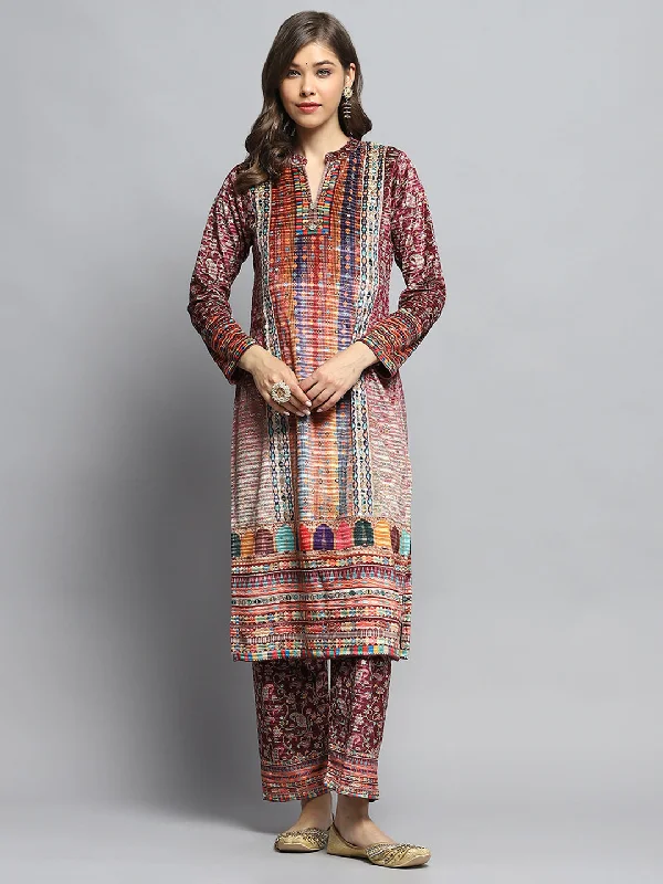 Flash Sale Now Women Multicolor Self Design Round Neck Full Sleeve Kurti Set with Bag