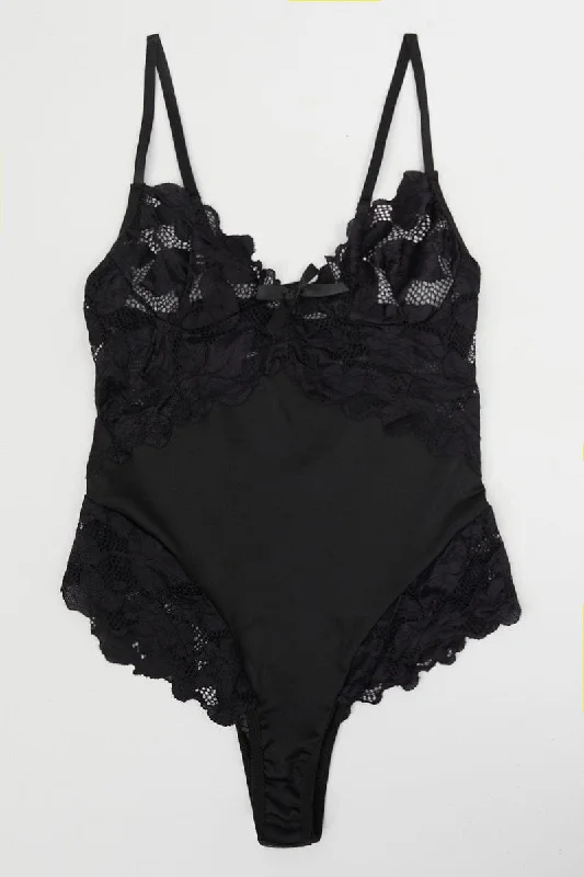 Minimalist Office - Ready Style Black Lace Contrast Bodysuit Lingerie