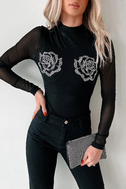 Wardrobe Refresh Playing Hard To Forget Rhinestone Rosette Mesh Bodysuit (Black)