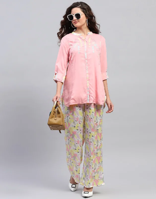 Vintage Style Clothing Sale Women Pink Embroidered Front Open Full Sleeve Cords Set