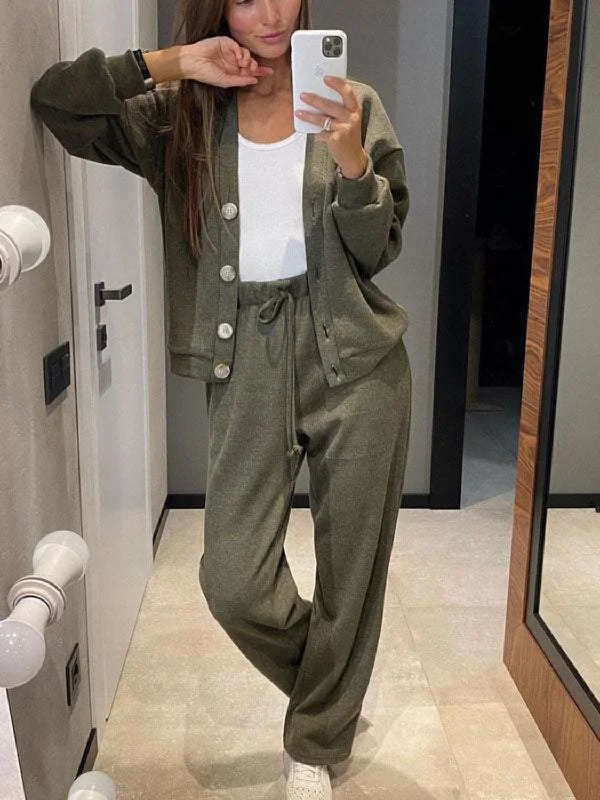 Relaxed Style Hot Girl Buttoned Cardigan and Drawstring Pants Two Piece Set