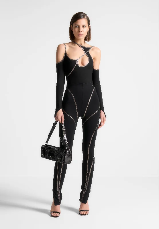 Athleisure Wear Promotion Chrome Piped Contour Bodysuit - Black