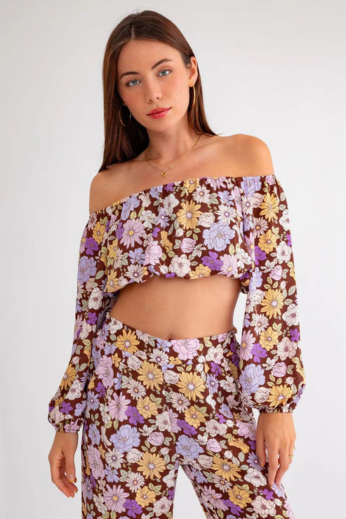 Trend Alert Hot Girl Flower Child Floral Long Sleeve Crop Top & Wide Leg Pants Set