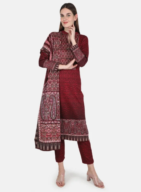 Exclusive Discounts Women Maroon 3 Pc set (Kurti+Stole+Lower) for Winter