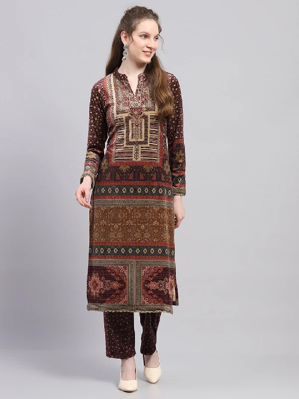 Dive Into Trendy Women's Fashion Women Maroon Printed Round Neck Full Sleeve Kurti Set for Winter