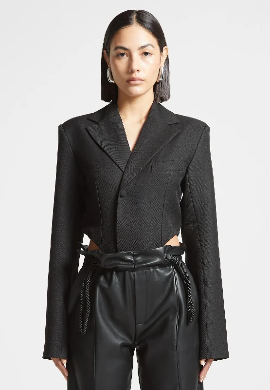 Chic Trends Unveiled Tailored High Leg Blazer Bodysuit - Black