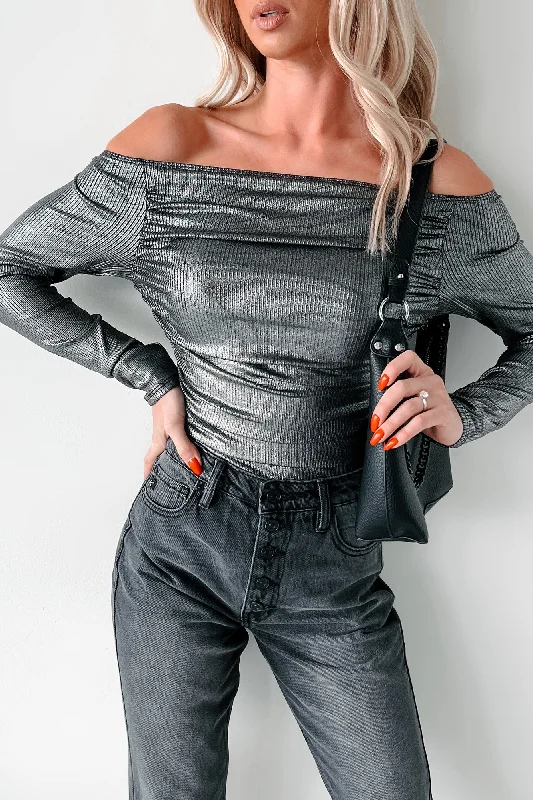 Minimalist Chic Midnight Magnetism Off The Shoulder Metallic Bodysuit (Galaxy Black)