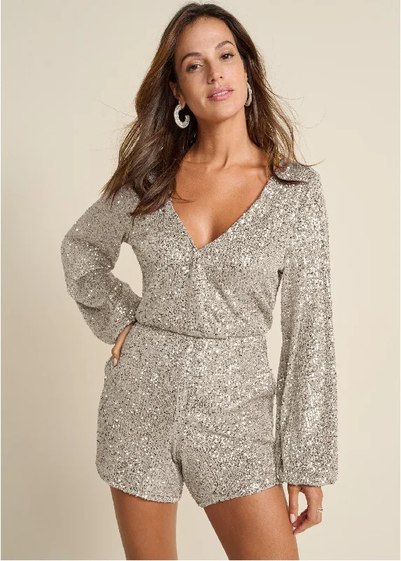 Quality Driven Apparel Surplice Sequin Romper - Champagne