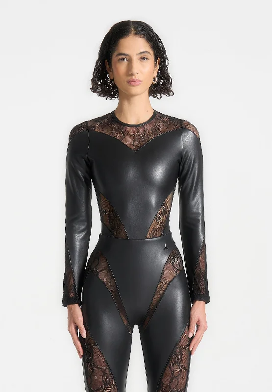 The Latest Fashion Trends Leather and Lace Contour Bodysuit - Black