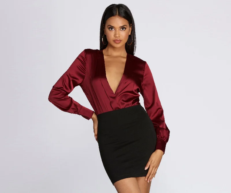 Holiday Sale Satin Chic Wrap Front Bodysuit